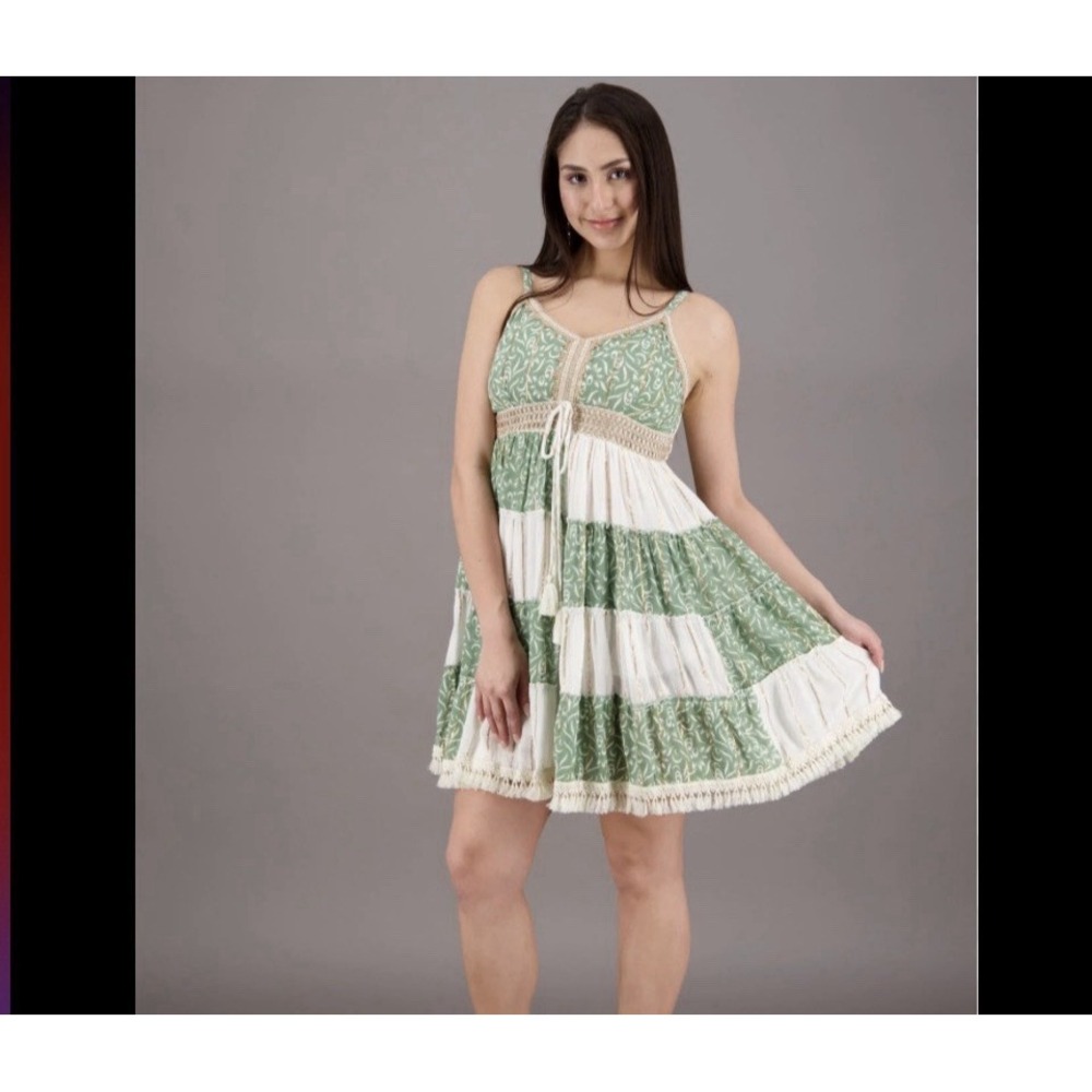 Ananta Green Pastel Patchwork Mini Dress Sz L/XL Babydoll Sleeveless Beach Boho
